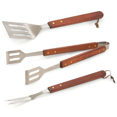 Galileo - SET 3 PEZZI UTENSILI BARBECUE ACCIAIO E LEGNO