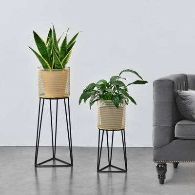 Set di 2 Portavasi in Metallo Supporto per Piante in 2 Altezze Diverse con Coprivaso Color Oro e Base Nero