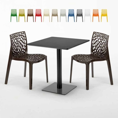 Grand Soleil - Tavolino Quadrato Nero 70x70 cm con 2 Sedie Colorate Gruvyer Kiwi | Marrone
