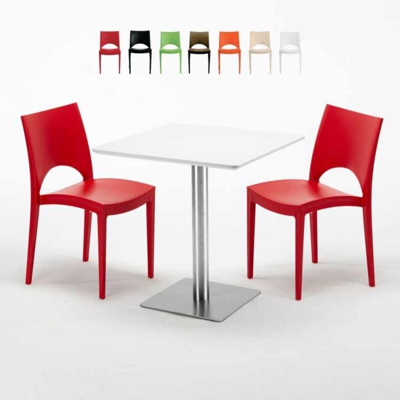 Grand Soleil - Tavolino Quadrato Bianco 70x70 cm con Base in Acciaio e 2 Sedie Colorate Paris Strawberry | Rosso