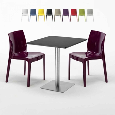 Grand Soleil - Tavolino Quadrato Nero 70x70 cm con 2 Sedie Colorate Gruvyer Kiwi | Viola