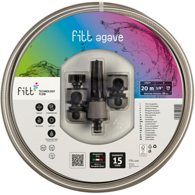 Agave 5/8' 20m Kit con Accessori- Tubo di Colore Grigio per Irrigazione da Giardino, Robusto, per Uso Molto Frequente, con Lancia e Raccordi - Fitt