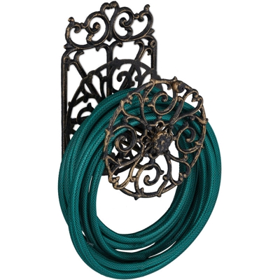 Supporto Porta Tubo da Parete, Design Antico, Girevole, da Giardino, in Ghisa HxLxP: 34 x 23 x 18 cm, Nero-Oro