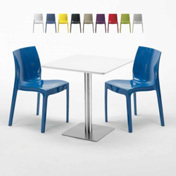 Grand Soleil - Tavolino Quadrato Bianco 70x70 cm con Base in Acciaio e 2 Sedie Colorate Ice Strawberry | Blu precio
