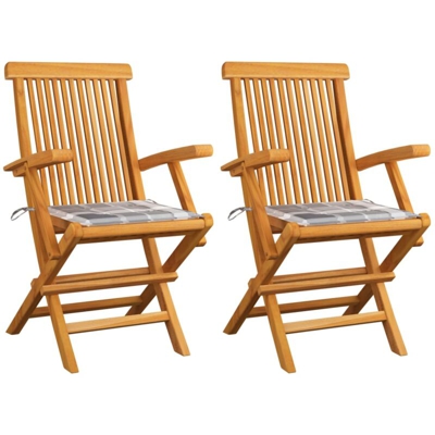 vidaXL Sedie Giardino 2 pz con Cuscino Grigio a Quadri Massello di Teak - Multicolore