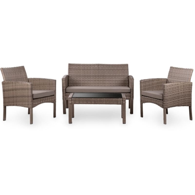 Salotto giardino 4 posti, rattan sintetico marrone, tavolino da caffe esterno + divano 2 posti + 2 poltrone con cuscini impermeabili, set mobili