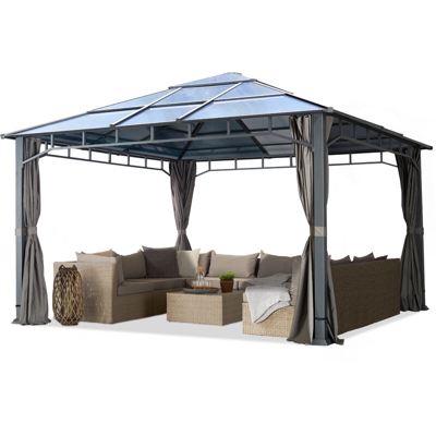 Gazebo da Giardino 4x4 m Telaio in Alluminio Tetto in Policarbonato da ca. 8 mm Gazebo da Giardino 4 Teli Laterali Color Grigio