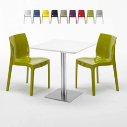 Grand Soleil - Tavolino Quadrato Bianco 70x70 cm con Base in Acciaio e 2 Sedie Colorate Ice Strawberry | Verde 2 en oferta