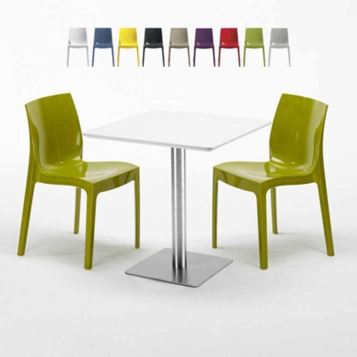 Grand Soleil - Tavolino Quadrato Bianco 70x70 cm con Base in Acciaio e 2 Sedie Colorate Ice Strawberry | Verde 2