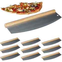 Set 10x Mezzaluna tagliapizza coltello per pizza acciaio inox con manico in legno 1 lama con custodia HxL: 12 x 35 cm, argento en oferta
