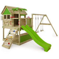 FATMOOSE Parco giochi in legno TikaTaka Giochi da giardino con altalena e scivolo mela verde Casa su palafitte da esterno con sabbiera e scala di en oferta