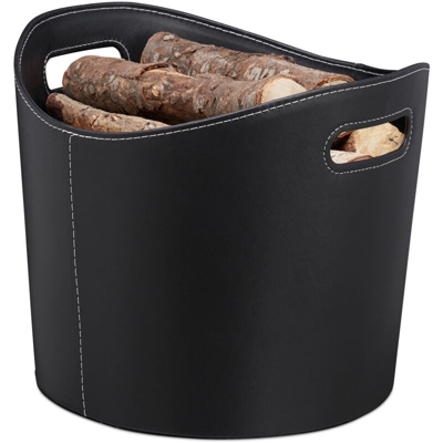 Relaxdays - Cesto Portalegna L per Camino in Similpelle, Stabile & con Manici, Legname, Ovale, Nero