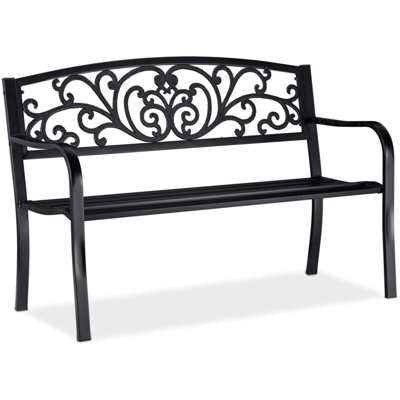 Panca da Giardino, a 2 Posti, con Decorazioni Vintage, per Balcone, HxLxP 86,5 x 127 x 60 cm, Nero