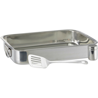 Rostiera, Set da 3 Accessori da Cucina, Teglia, Spatola e Spargi Formaggio, H x L x P: 7 x 38 x 27 cm, argento