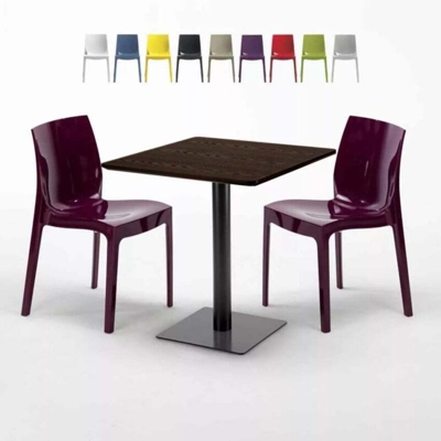 Grand Soleil - Tavolino Quadrato Effetto Legno 70x70 cm con 2 Sedie Colorate Ice Melon | Viola