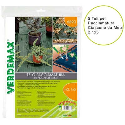 5 teli per pacciamatura in pp 100 gr/mq ciascuno da metri 2,1x5 colore nero/verde