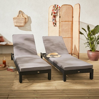 Set di 2 lettini prendisole in resina intrecciata (sdraio) - Modello: Pisa x2 - colore: Nero, cuscini, colore: Grigio - Nero