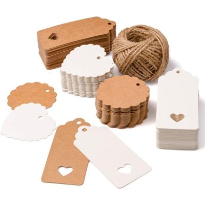Etichetta regalo SuMile, 200 etichette di carta kraft marrone e bianca, etichette rettangolari rotonde vuote a forma di cuore, etichetta regalo di