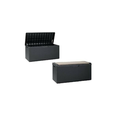 Baule Portonovo da giardino 340L con seduta e cuscino, finitura legno e midollino. Dim. 123x54x59, Colore Antracite