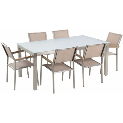 Set tavolo e sedie da giardino - In vetro temperato bianco e fibra tessile beige - tavolo 180 con 6 sedie - GROSSETO