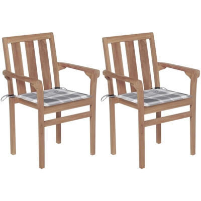 Sedie Giardino 2 pz con Cuscino Grigio a Quadri Massello di Teak - Multicolore - Vidaxl