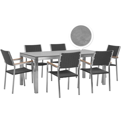 Set tavolo da giardino effetto cemento 180 cm e 6 sedie rattan nero GROSSETO