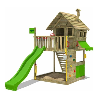 FATMOOSE Parco giochi in legno GroovyGarden Giochi da giardino con scivolo mela verde Casetta da gioco per l'arrampicata con sabbiera e scala di