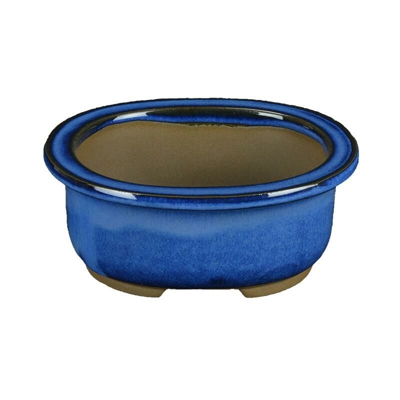 Vaso per bonsai Giapponese Morrisan ovale in gres smaltato blu 10,5x8,5x4,5 cm - B03-3-1B