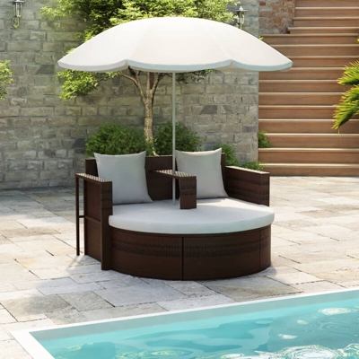 Lettino Prendisole con Ombrellone Marrone in Polyrattan
