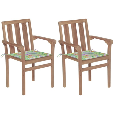 Sedie da Giardino 2 pz Cuscini Motivo a Foglie Massello di Teak - Multicolore - Vidaxl