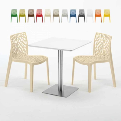 Tavolino Quadrato Bianco 70x70 cm con Base in Acciaio e 2 Sedie Colorate Ice Strawberry | Beige