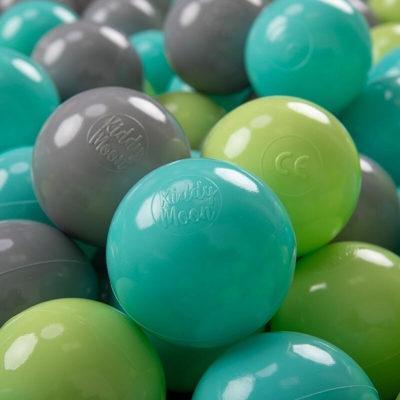 KiddyMoon 100 ? 7CM Palline Morbide Colorate Per Piscina Bambini Fatto In EU, Verde Chiaro/Turchese Chiaro/Grigio - verde chiaro/turchese