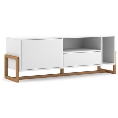 Tv Bidens Mobile Tv. Rtv. Mobile Porta Tv Originale Con Ripiani E Pensili In Stile Scandinavo. Colore: Bianco / legno Di Faggio Naturale