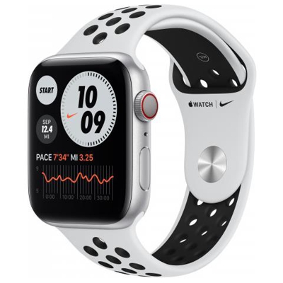 Nike+ Watch 6 44mm Impermeabile 5ATM GPS + Cellular WiFi / Bluetooth con Cassa in alluminio Argento e Cinturino Nike Sport Regular Nero / Platino