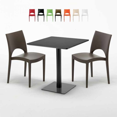 Tavolino Quadrato Nero 70x70 cm con 2 Sedie Colorate Paris Kiwi | Marrone