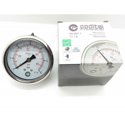 Manometro assiale a bagno di silicone - 1/4 ' ø 6,3 cm da 0 a 6 bar