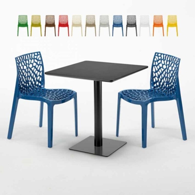 Grand Soleil - Tavolino Quadrato Nero 70x70 cm con 2 Sedie Colorate Gruvyer Kiwi | Blu