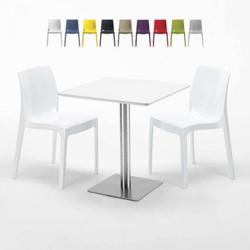 Grand Soleil - Tavolino Quadrato Bianco 70x70 cm con Base in Acciaio e 2 Sedie Colorate Ice Strawberry | Bianco precio