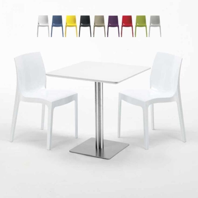 Grand Soleil - Tavolino Quadrato Bianco 70x70 cm con Base in Acciaio e 2 Sedie Colorate Ice Strawberry | Bianco