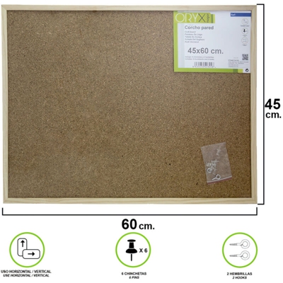 Sughero a parete 45x60 cm. Cornice in legno con 6 puntine da disegno