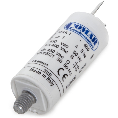 Condensatore Il motore 1µF 250-450V Faston Doppio Vite M8 25x57mm (CO-8170432)