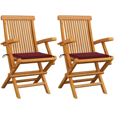 vidaXL Sedie da Giardino con Cuscini Rosso Vino 2 pz Massello di Teak - Rosso