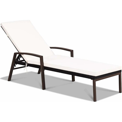 Costway - Chaise Longue in Rattan per Cortile, Lettino Sdraio da Giardino, con Cuscino e Braccioli Regolabili, Ideale per Giardino Balcone Piscina