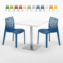 Grand Soleil - Tavolino Quadrato Bianco 70x70 cm con Base in Acciaio e 2 Sedie Colorate Ice Strawberry | Blu características
