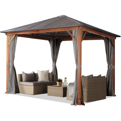Gazebo da giardino 3x3 m look legno, tetto Hardtop in acciaio, 4 teli laterali color grigio