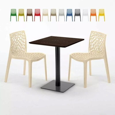 Grand Soleil - Tavolo Quadrato 60x60 cm Base Nera e Top in Legno con 2 Sedie Colorate Gruvyer Kiss | Beige