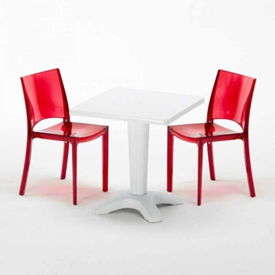 Grand Soleil - Tavolino Quadrato 70x70 cm e 2 Sedie Colorate Trasparenti Caffè | B-Side Rossa Trasparente - Bianco