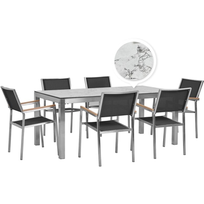 Set tavolo da giardino effetto marmo 180 cm e 6 sedie tessuto nero GROSSETO