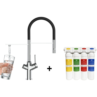 Set completo Filtro e Rubinetto pronto all'installazione - Sistema filtro acqua 4 stadi meccanico + Rubinetto 3vie con doccia