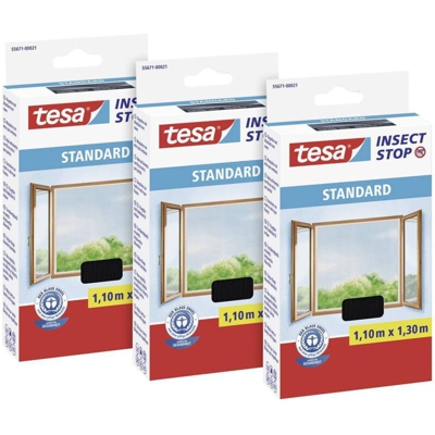 tesa Insect Stop Zanzariere Attacca & Stacca Standard per Finestre, Zanzariera Adesiva, Rete per Zanzariera Regolabile a Piacere, Antracite, 3X 110